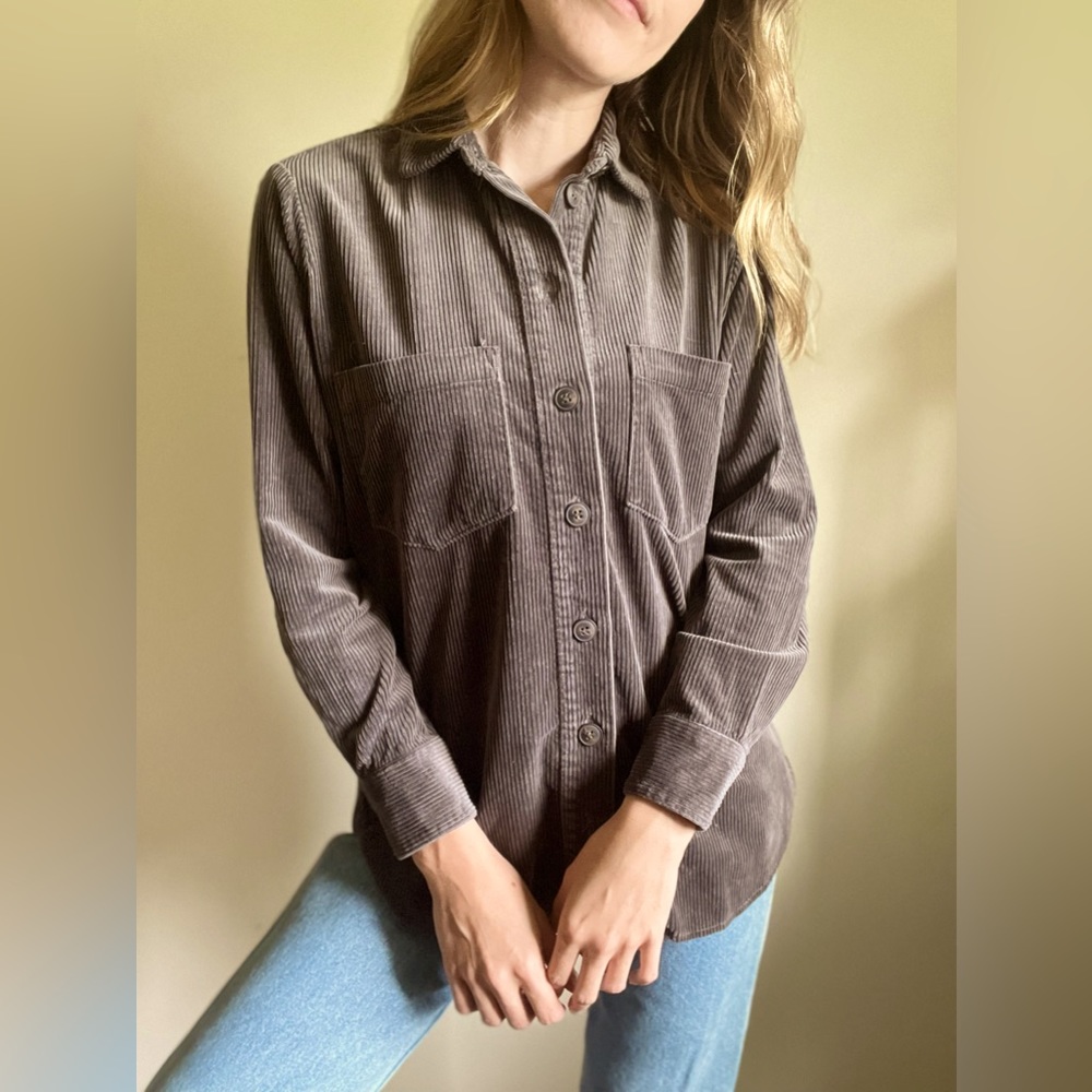 Grey Madewell Corduroy Button Down Long Sleeve Womens Top Size XS With Pockets
